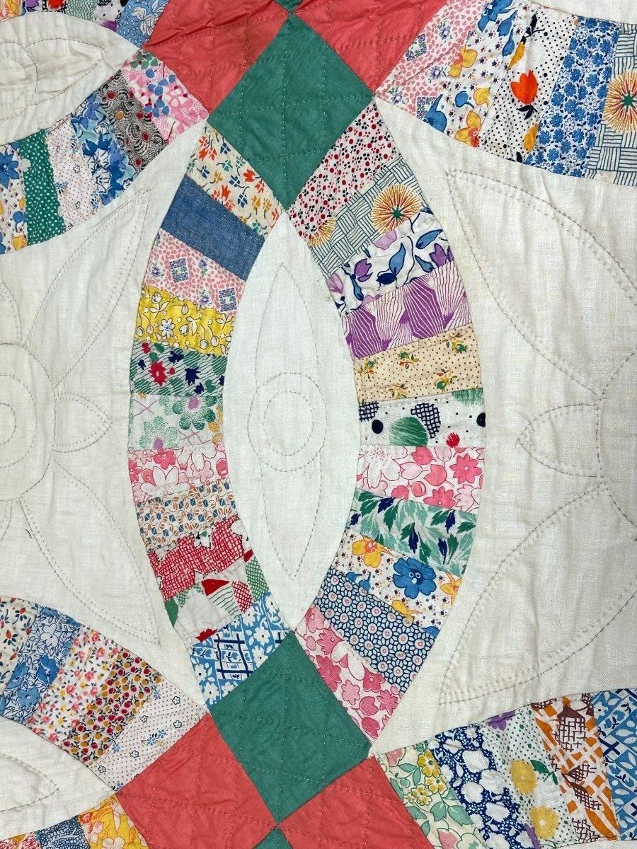 PAIR c 1930s Double Wedding Ring QUILT s Vintage Pink Sisters Good Family Lancas