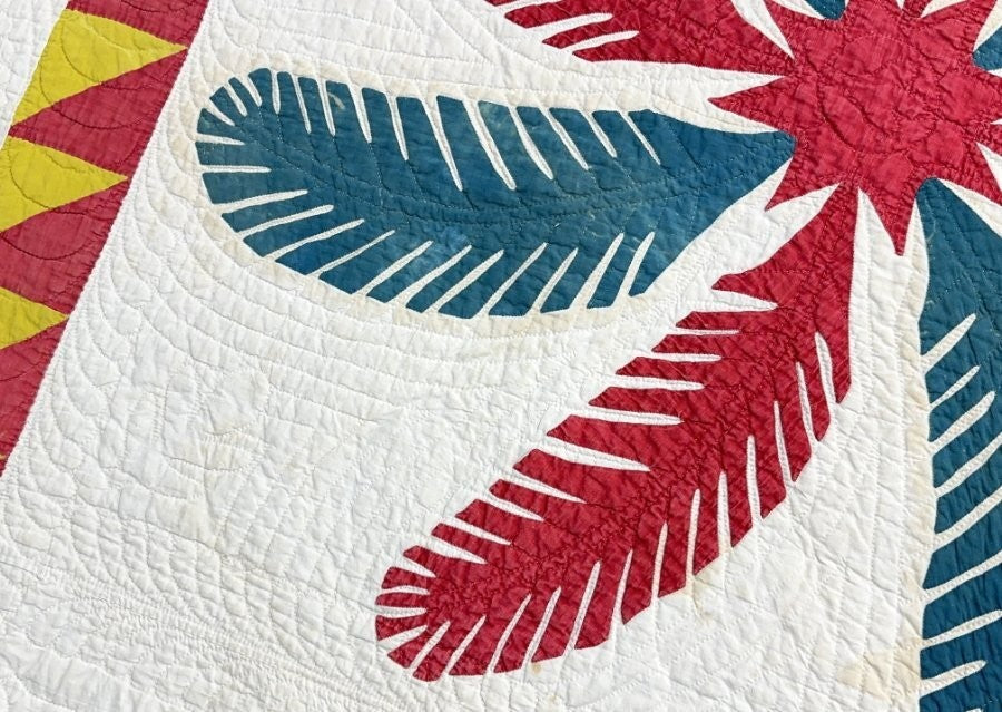 Lush Quilting! c 1850-60s PA Princess Feather APPLIQUE Antique Quilt