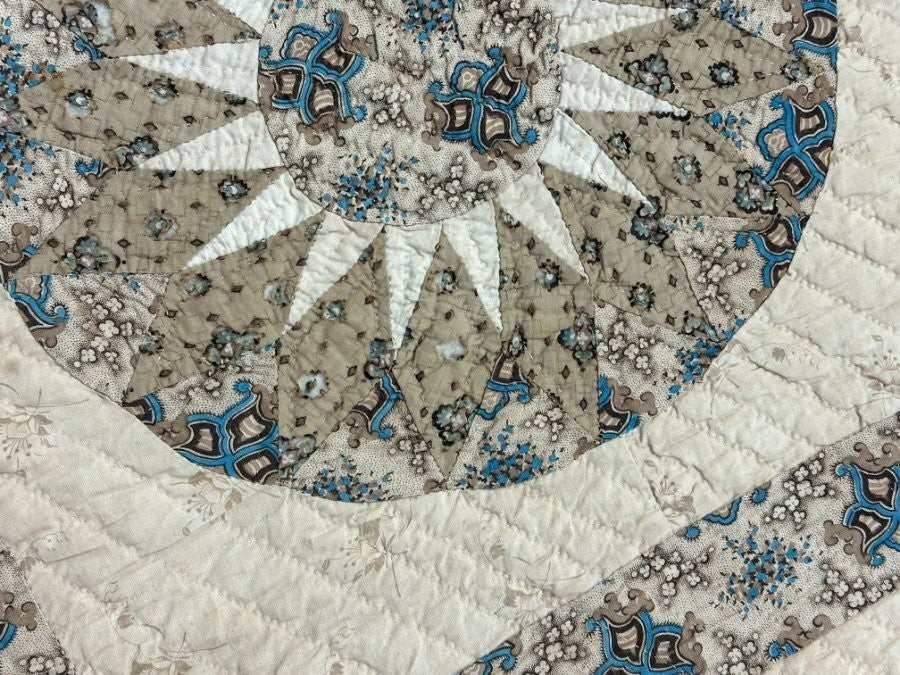 Important c 1830-40s Sunburst Compass Chintz QUILT Antique Prussian Blue