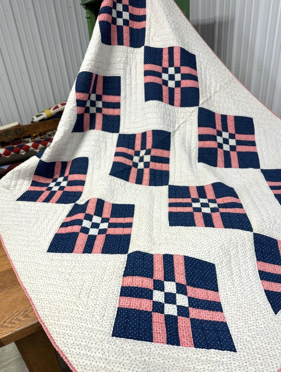 Indigo blue! c 1890s Postage Stamp Bars QUILT Antique