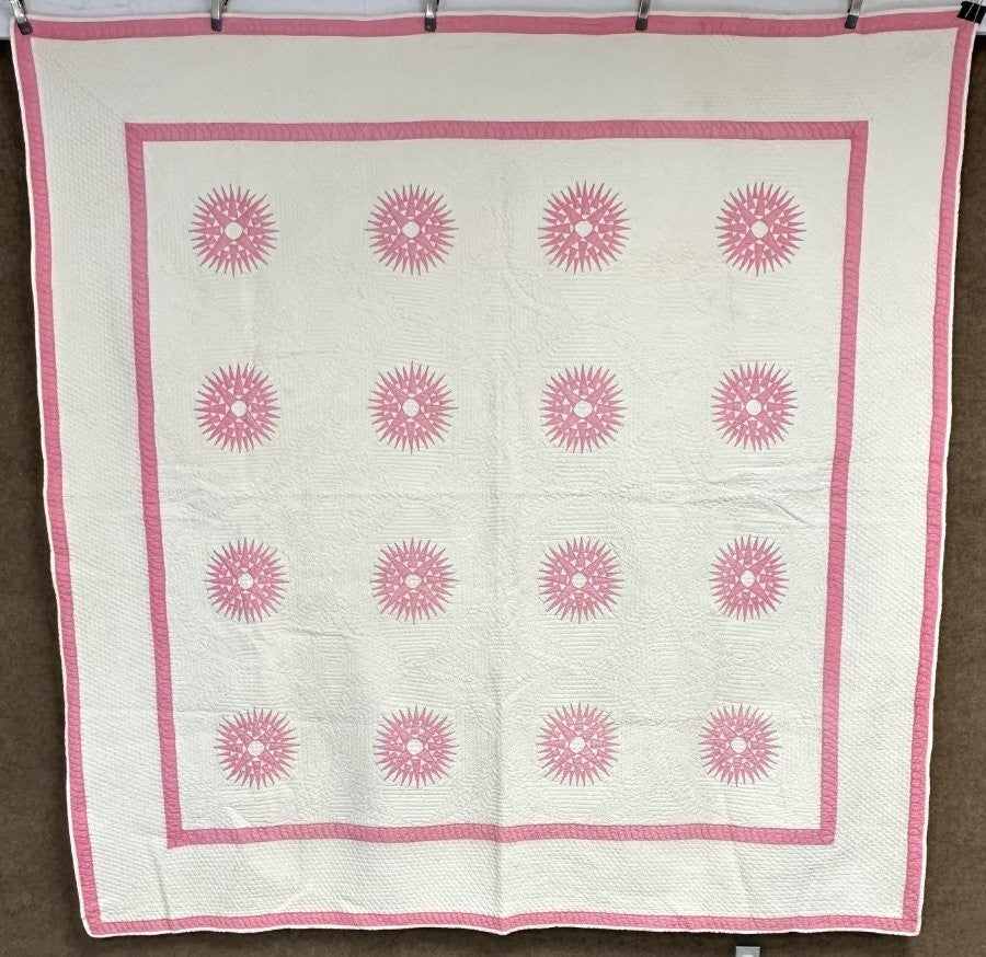 Quilting Masterpiece! c 1920s Sunburst Compass QUILT Antique Pink Finest Work