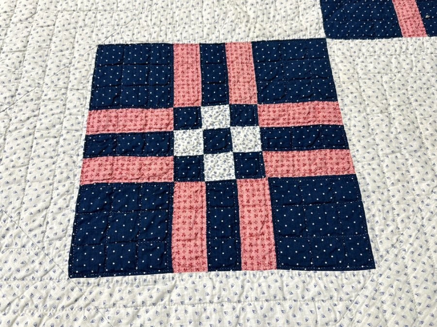 Indigo blue! c 1890s Postage Stamp Bars QUILT Antique