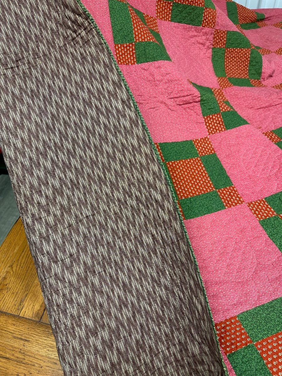 Early! c 1870s PA Puss in The Corners QUILT Antique Over Dye Green Crisp
