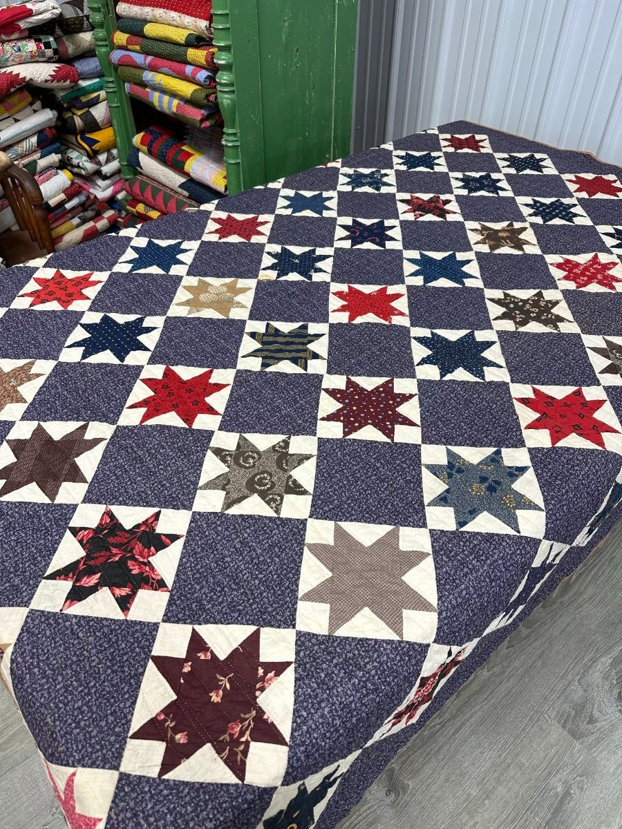 Rare Purple! c 1870-1880s Touching Stars QUILT Antique Never Used