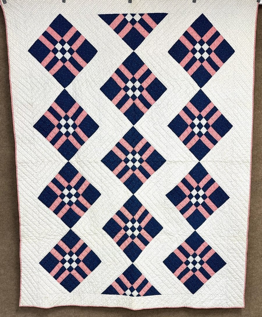 Indigo blue! c 1890s Postage Stamp Bars QUILT Antique