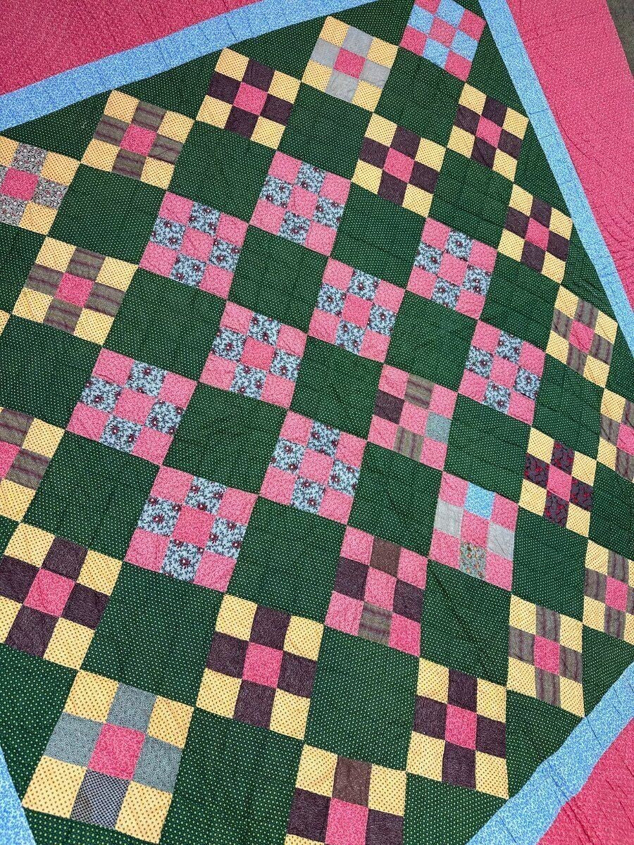 Rich! c 1880-90s PA Nine Patch QUILT  Antique Crisp Large Size