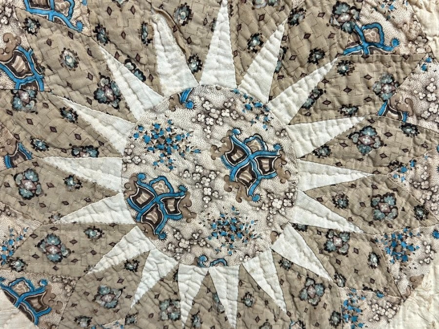 Important c 1830-40s Sunburst Compass Chintz QUILT Antique Prussian Blue