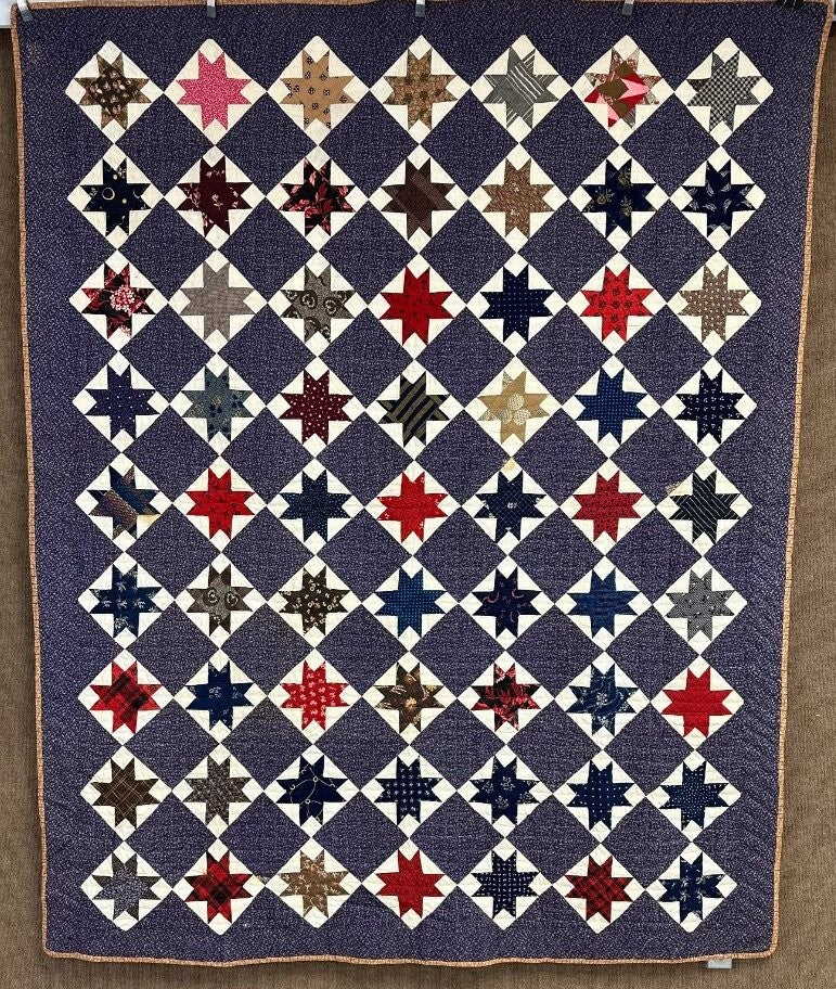 Rare Purple! c 1870-1880s Touching Stars QUILT Antique Never Used