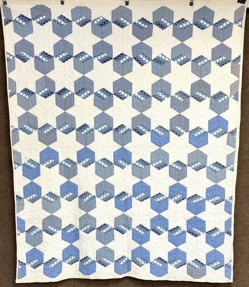 Blue! c 1930s Tumbling Blocks QUILT Vintage w/ Picture of Maker!