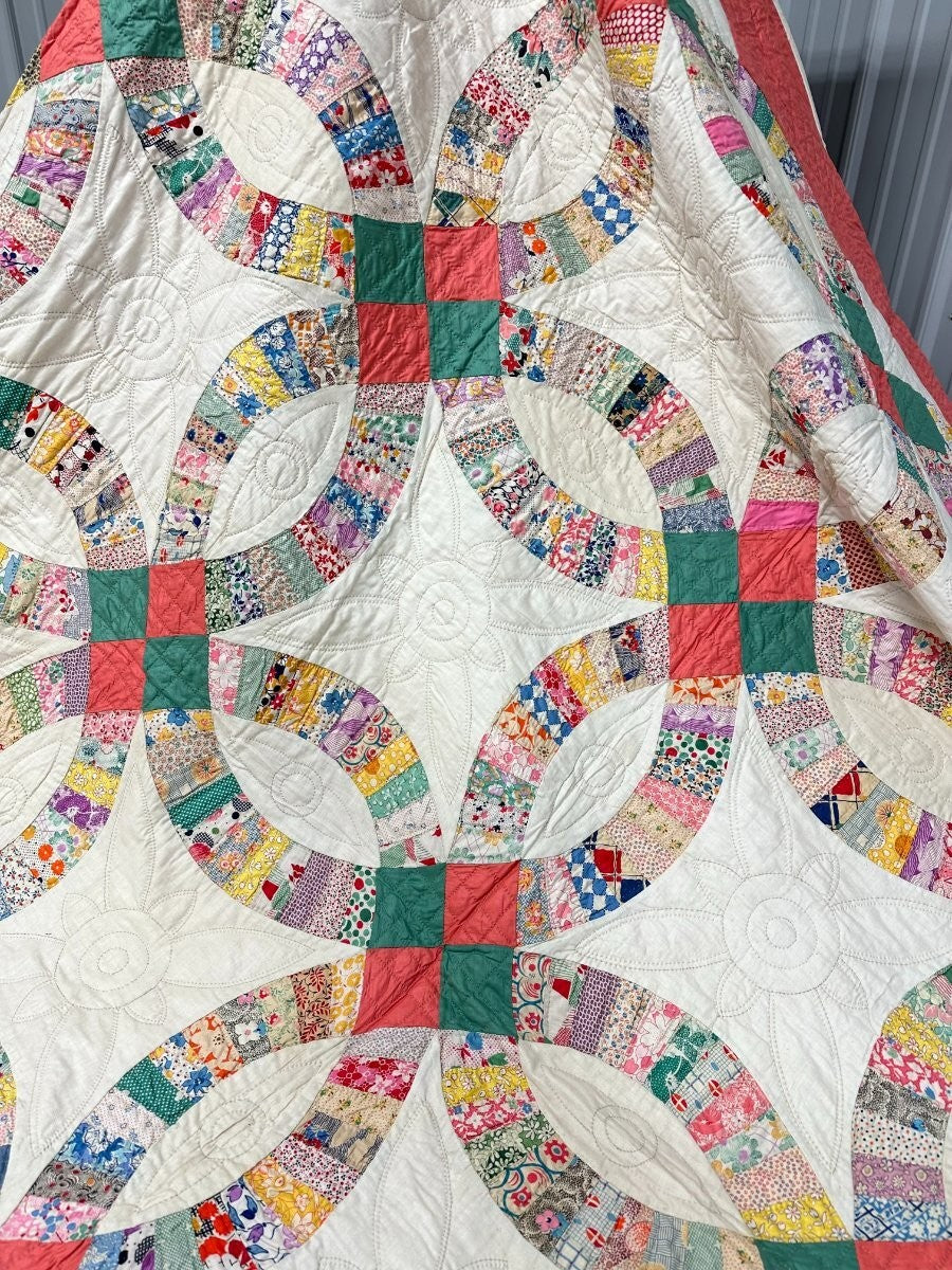 PAIR c 1930s Double Wedding Ring QUILT s Vintage Pink Sisters Good Family Lancas
