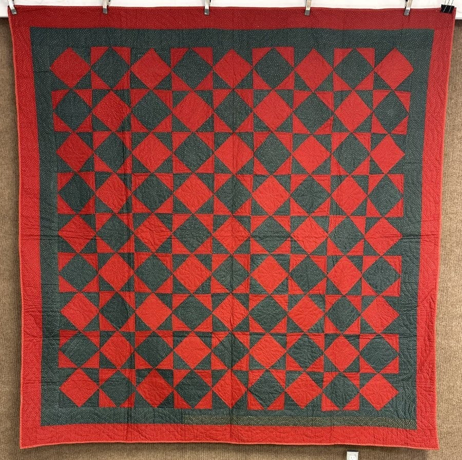 BEST of BEST c 1890-1900 PA Touching Stars QUILT Antique Red Green Never Used!