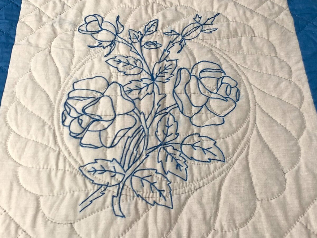 Farmhouse Blue! c 1930s Embroidered Rose Churn Dash QUILT Vintage Crisp Never Us