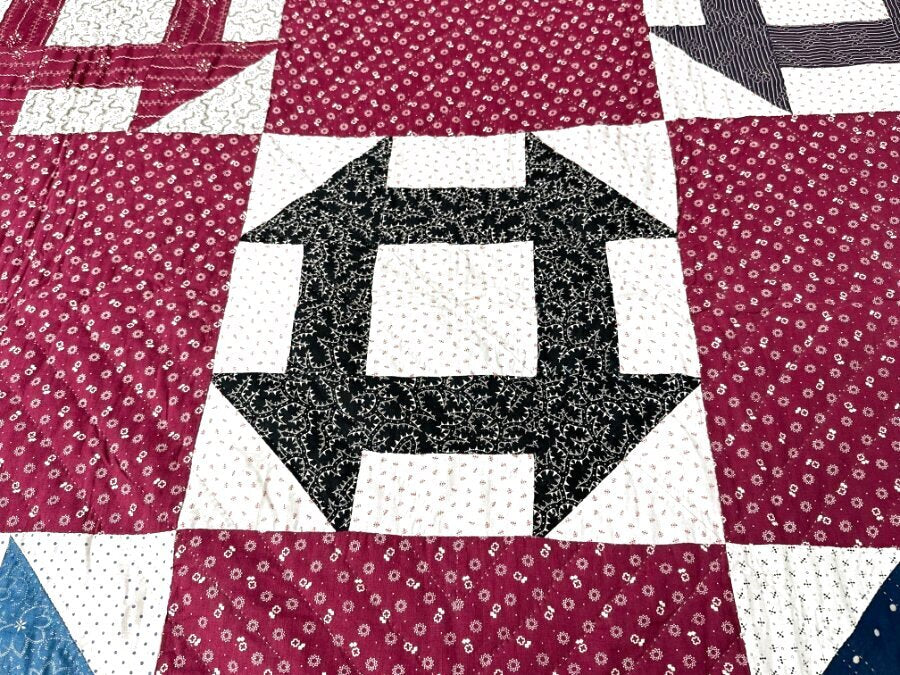 Farmhouse PA c 1900 Monkey Wrench QUILT Antique Cranberry Red