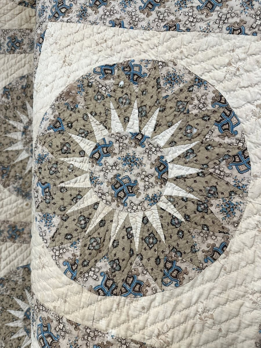 Important c 1830-40s Sunburst Compass Chintz QUILT Antique Prussian Blue