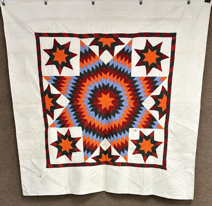 Glowing! PA c 1890s Blazing Star QUILT Antique Cheddar Lancaster Blue