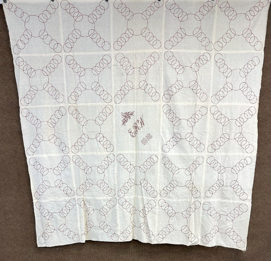 RARE Dated 1916 PA Redwork Interlocking Rings QUILT Top Antique