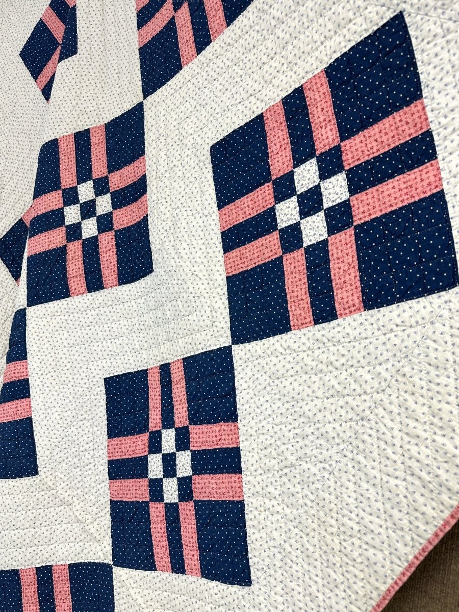 Indigo blue! c 1890s Postage Stamp Bars QUILT Antique