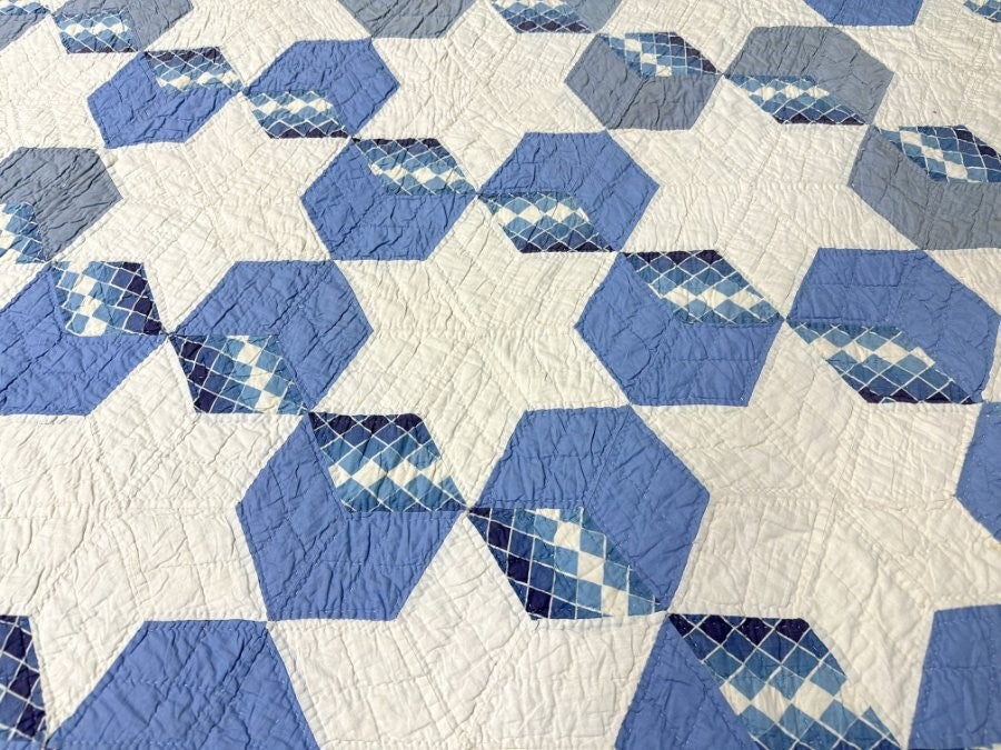 Blue! c 1930s Tumbling Blocks QUILT Vintage w/ Picture of Maker!