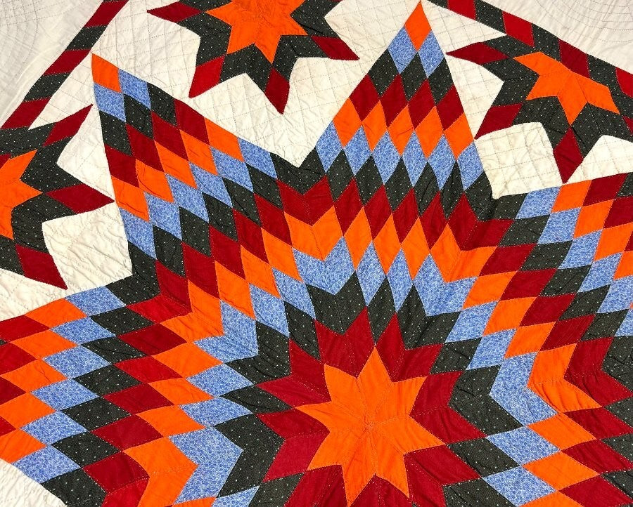 Glowing! PA c 1890s Blazing Star QUILT Antique Cheddar Lancaster Blue