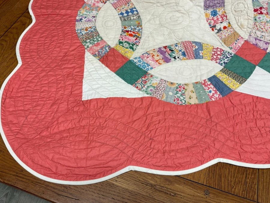 PAIR c 1930s Double Wedding Ring QUILT s Vintage Pink Sisters Good Family Lancas