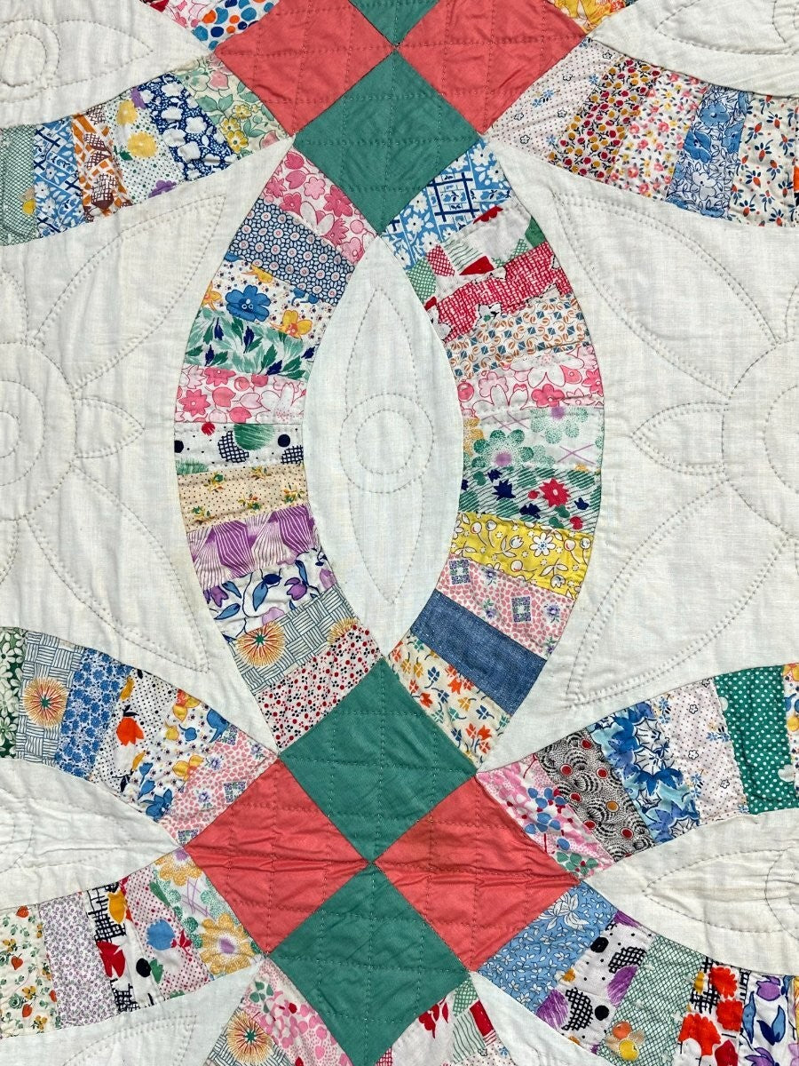 PAIR c 1930s Double Wedding Ring QUILT s Vintage Pink Sisters Good Family Lancas