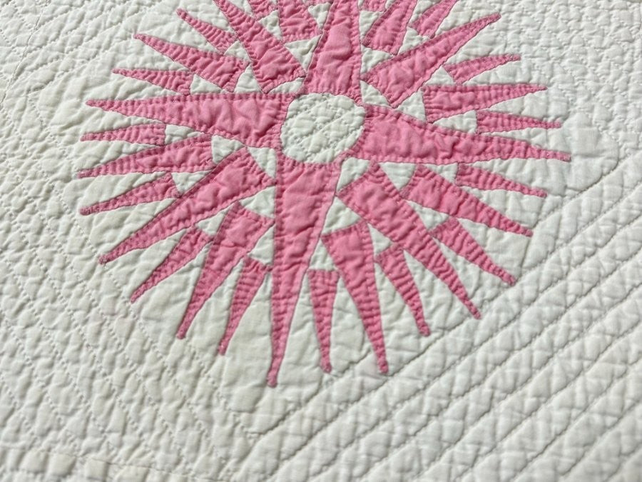 Quilting Masterpiece! c 1920s Sunburst Compass QUILT Antique Pink Finest Work