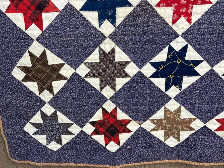 Rare Purple! c 1870-1880s Touching Stars QUILT Antique Never Used