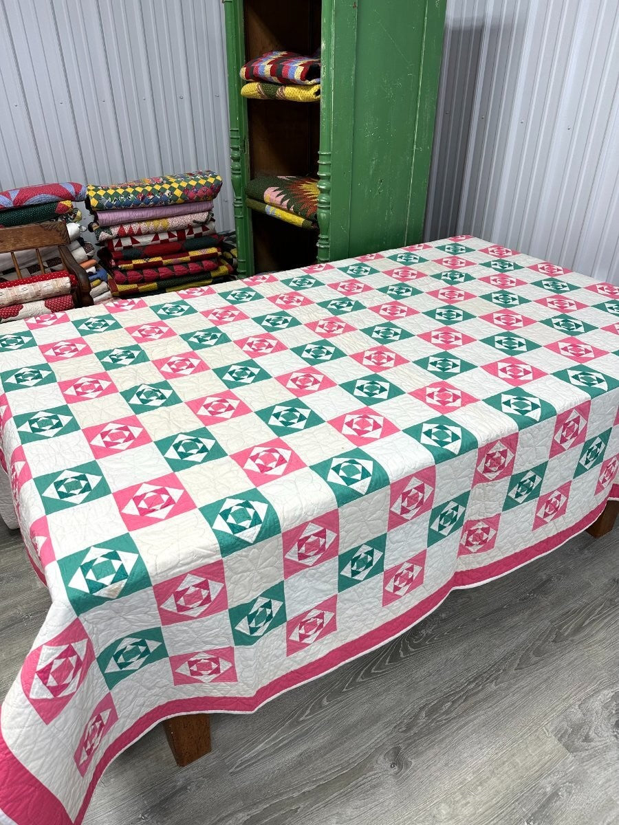 PINK & GREEN c 1930s Small Scale Squares QUILT Vintage SUPER LARGE Crisp
