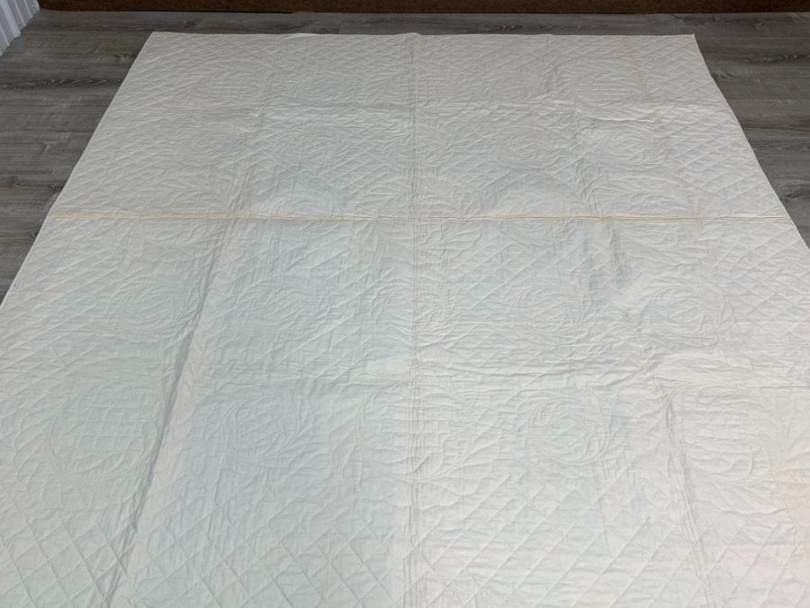 Farmhouse Blue! c 1930s Embroidered Rose Churn Dash QUILT Vintage Crisp Never Us