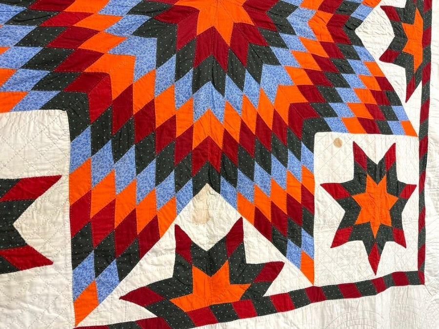 Glowing! PA c 1890s Blazing Star QUILT Antique Cheddar Lancaster Blue