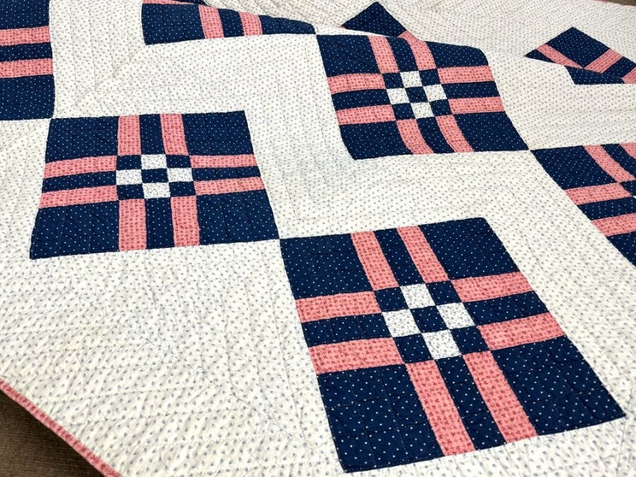 Indigo blue! c 1890s Postage Stamp Bars QUILT Antique