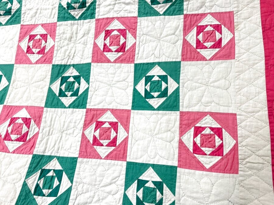 PINK & GREEN c 1930s Small Scale Squares QUILT Vintage SUPER LARGE Crisp
