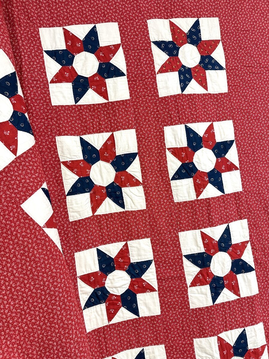 Star Spangled! c 1900s Red White Blue Star QUILT Antique Never Used!