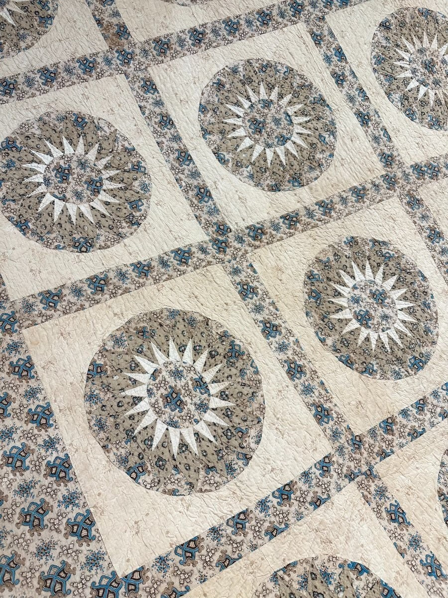 Important c 1830-40s Sunburst Compass Chintz QUILT Antique Prussian Blue