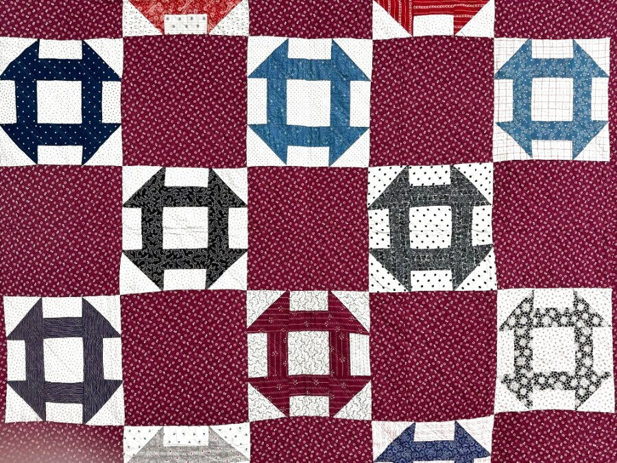 Farmhouse PA c 1900 Monkey Wrench QUILT Antique Cranberry Red