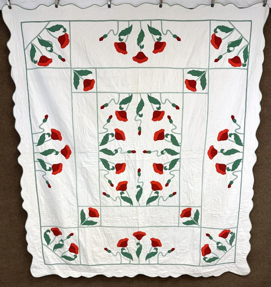 Gorgeous! Dated 1935 Red Poppy QUILT Applique Vintage Signed Mother