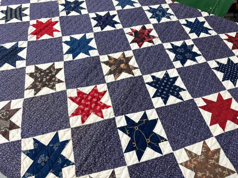 Rare Purple! c 1870-1880s Touching Stars QUILT Antique Never Used