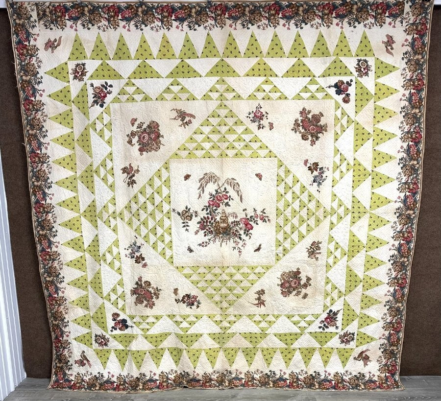 Important  Broderie Perse Chintz QUILT Signed Ruthana Needles 1841 Museum Find