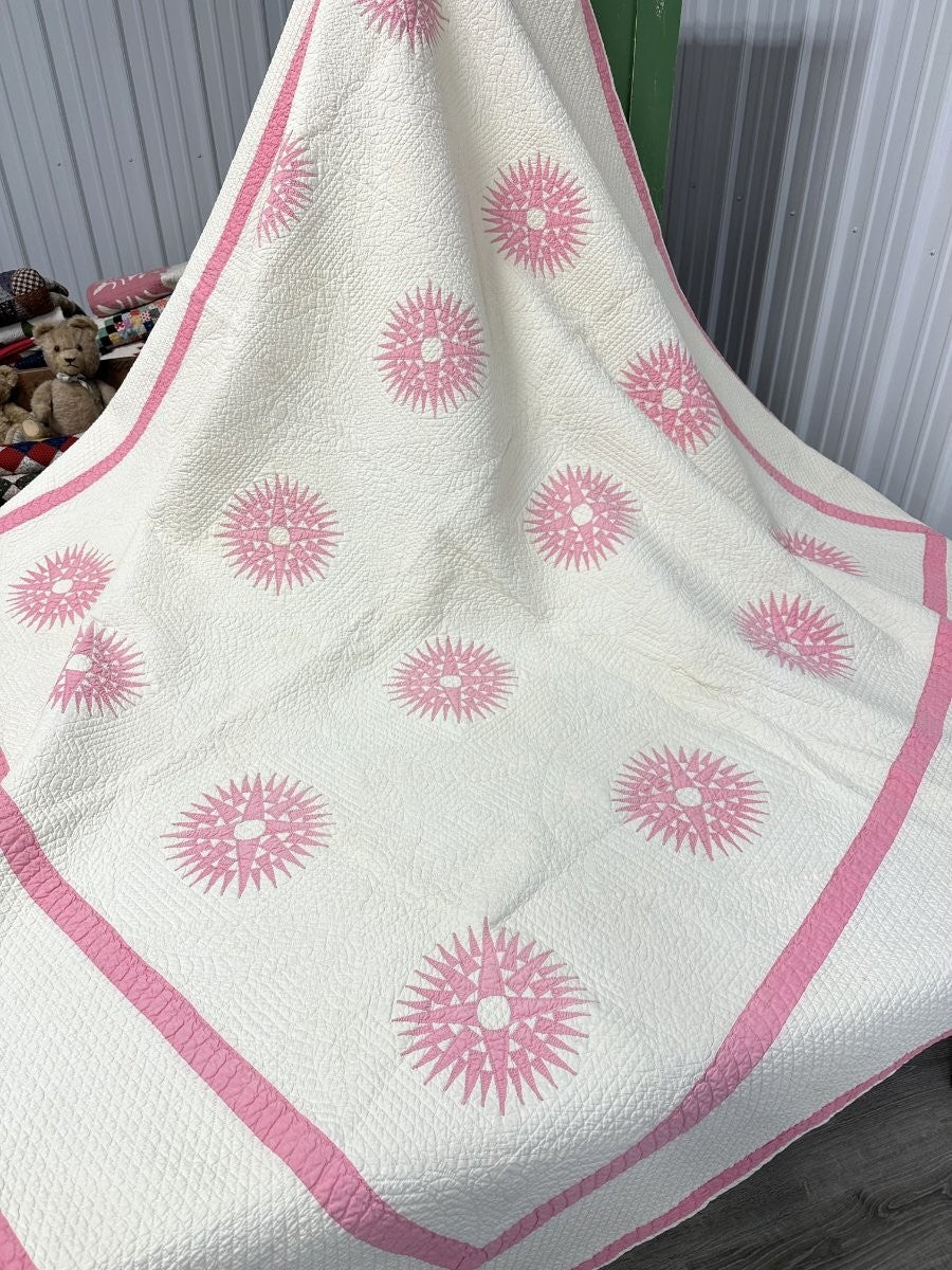 Quilting Masterpiece! c 1920s Sunburst Compass QUILT Antique Pink Finest Work