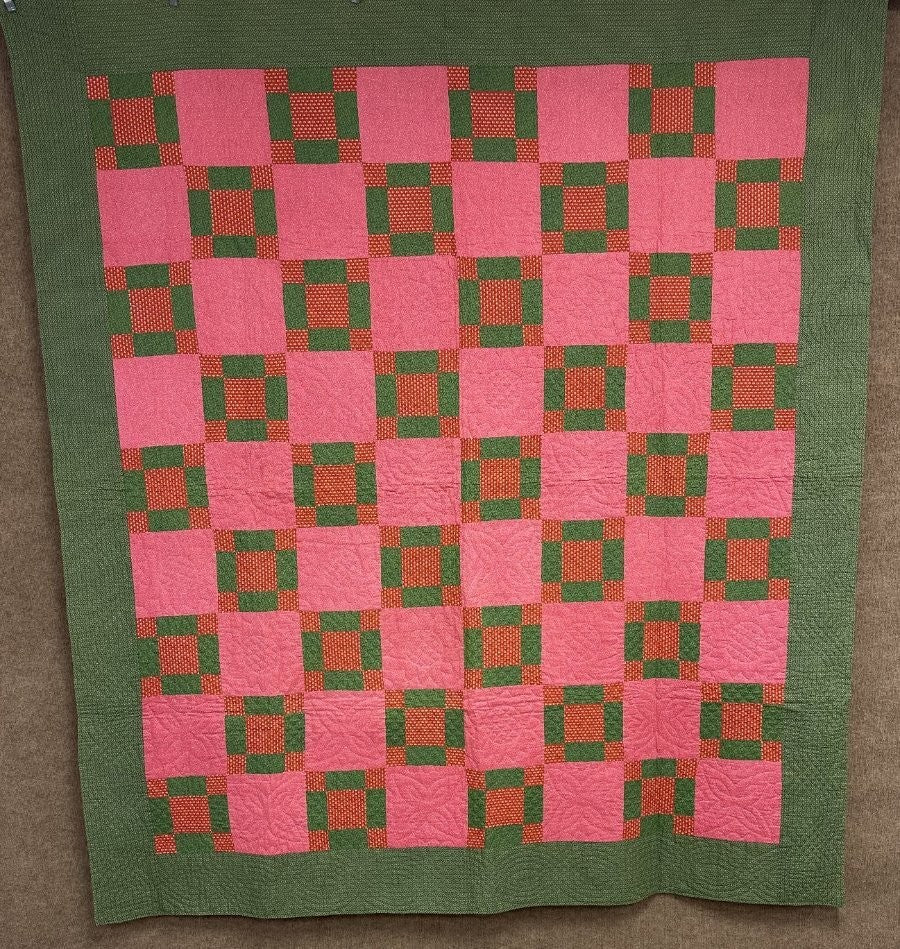 Early! c 1870s PA Puss in The Corners QUILT Antique Over Dye Green Crisp